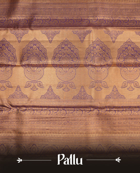Blue & gold double shade colour semi tissue silk saree featuring gold zari floral kodi pattern on body, contrast indigo colour with gold zari traditional border, paired with matching blouse piece.