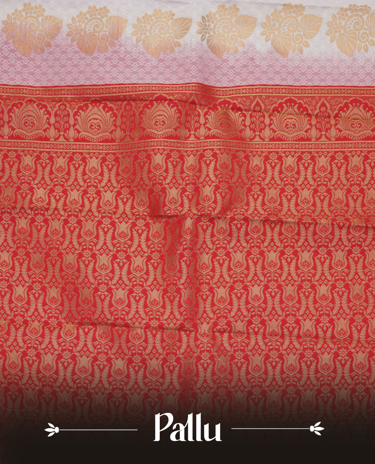 White colour silk saree featuring gold zari motifs on body, contrast red with gold zari traditional border, contrast grand pallu comes with matching blouse piece .