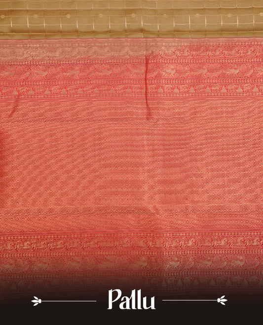 Light Olive colour traditional kancheepuram silk saree featuring gold zari check pattern on body, complemented by contrast red colour with gold zari traditional border, paired with matching blouse piece.