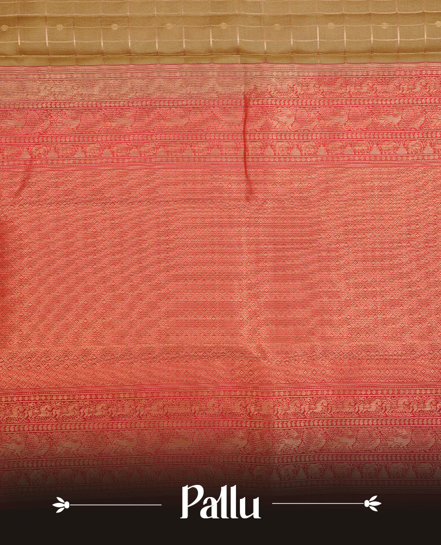 Light Olive colour traditional kancheepuram silk saree featuring gold zari check pattern on body, complemented by contrast red colour with gold zari traditional border, paired with matching blouse piece.