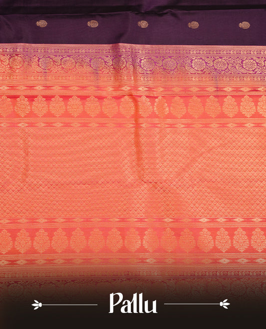 Purple colour traditional kancheepuram silk saree featuring gold zari motifs on body, complemented by contrast orange & green colour with gold zari traditional border, paired with matching blouse piece.