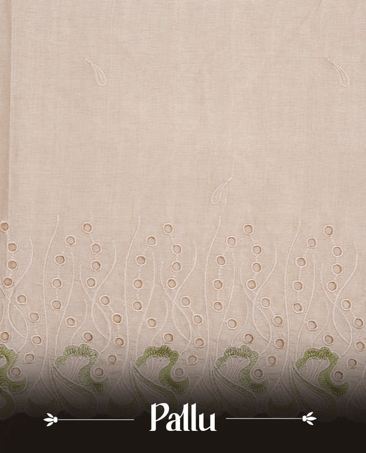 Beige colour Tussar silk saree featuring Elegant plain body, highlighting Green colour thread worked scalp border, pallu and paired with matching blouse piece.