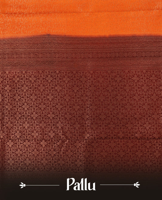 Rust orange colour softie silk saree featuring floral gold zari pattern across body, complemented by contrast chocolate brown with gold zari border, paired with matching blouse