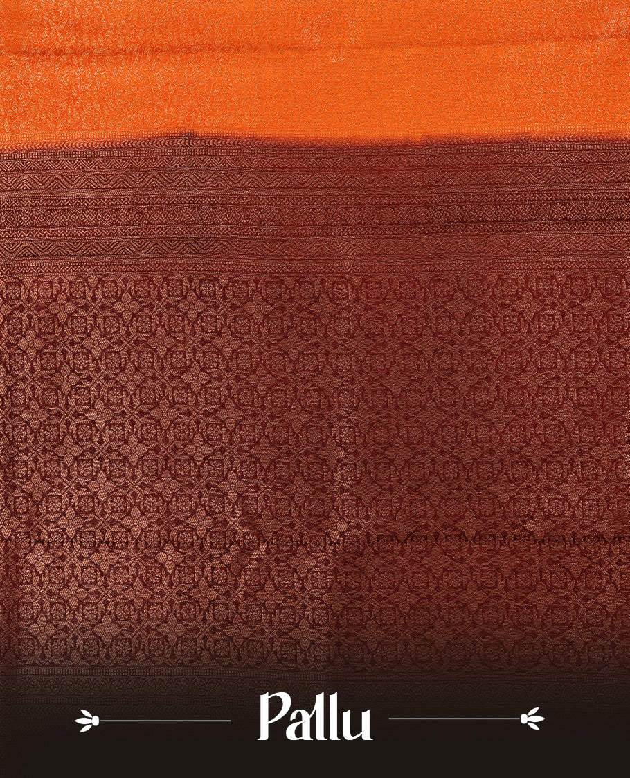 Rust orange colour softie silk saree featuring floral gold zari pattern across body, complemented by contrast chocolate brown with gold zari border, paired with matching blouse