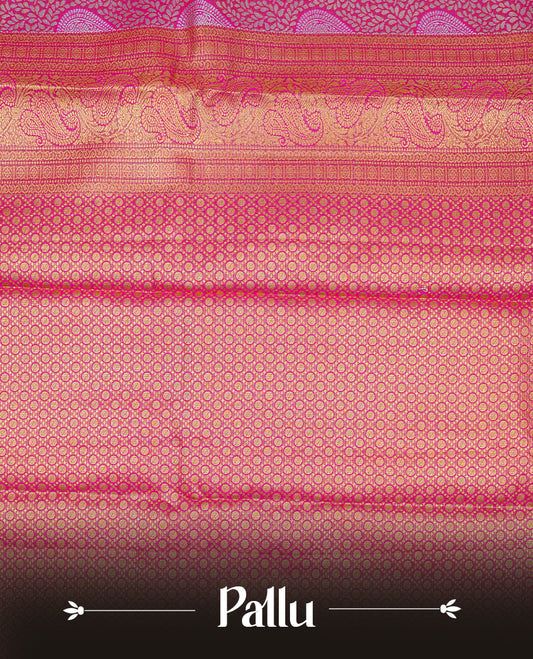 Magenta & Gold Double shade Semi Tissue Silk saree featuring Light gold Kodi pattern on body, complemented by Contrast Magenta with gold zari border, paired with matching blouse piece.