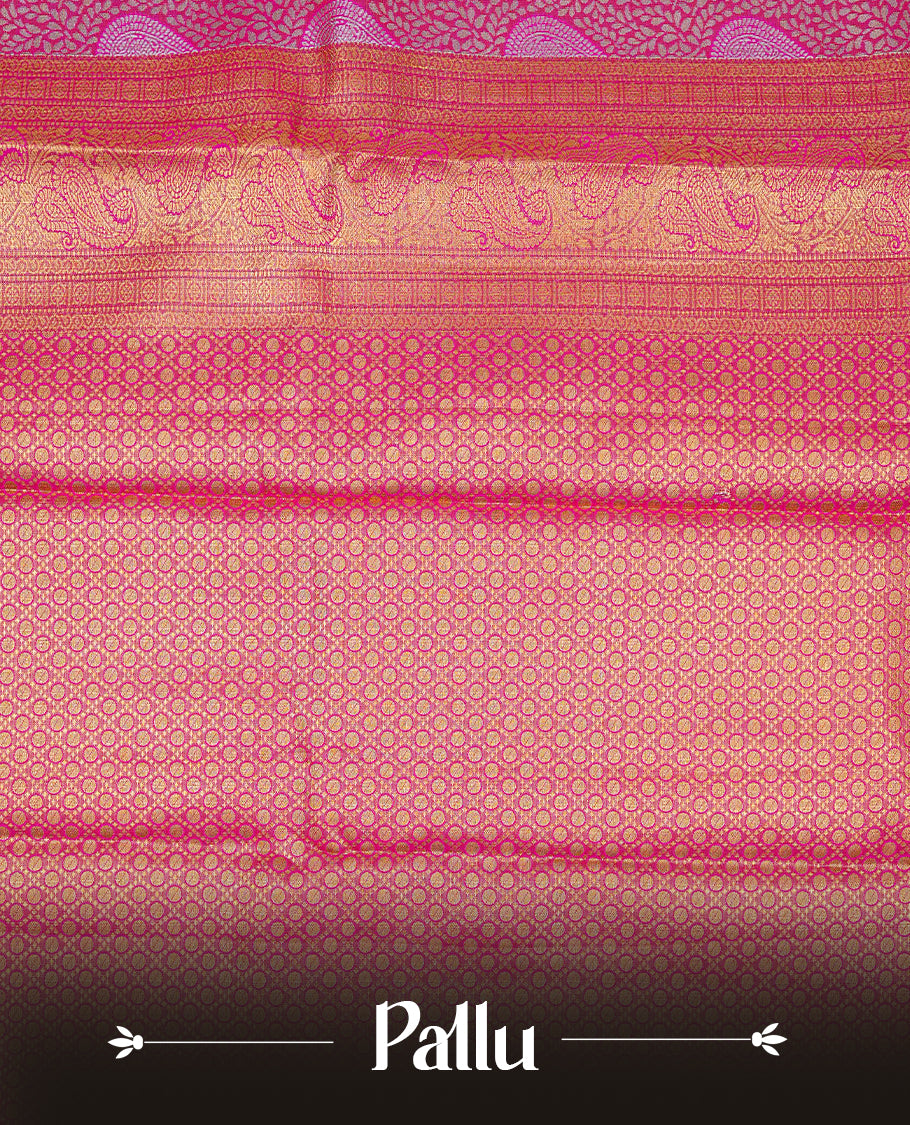 Magenta & Gold Double shade Semi Tissue Silk saree featuring Light gold Kodi pattern on body, complemented by Contrast Magenta with gold zari border, paired with matching blouse piece.