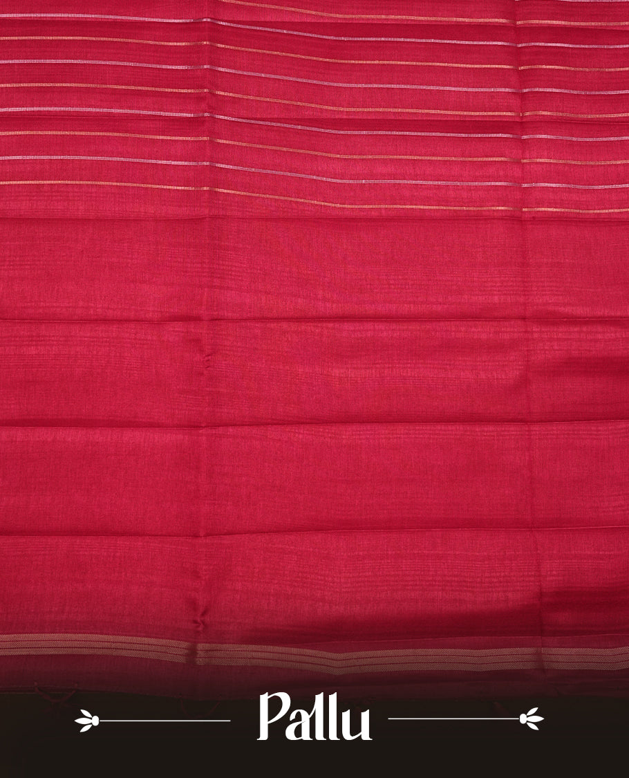 Pinkish Maroon colour semi tussar silk saree highlights gold and silver zari stripes across body,  border, pallu and paired with matching blouse piece.