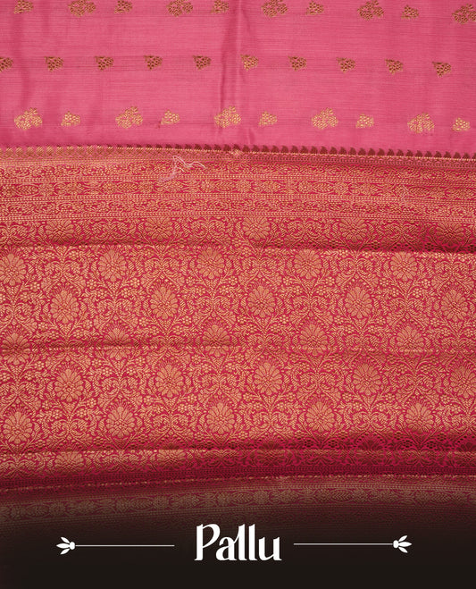Pink colour Pure banaras soft silk saree featuring Antique zari motifs on body, contrast magenta colour border , traditional pallu and paired with matching blouse