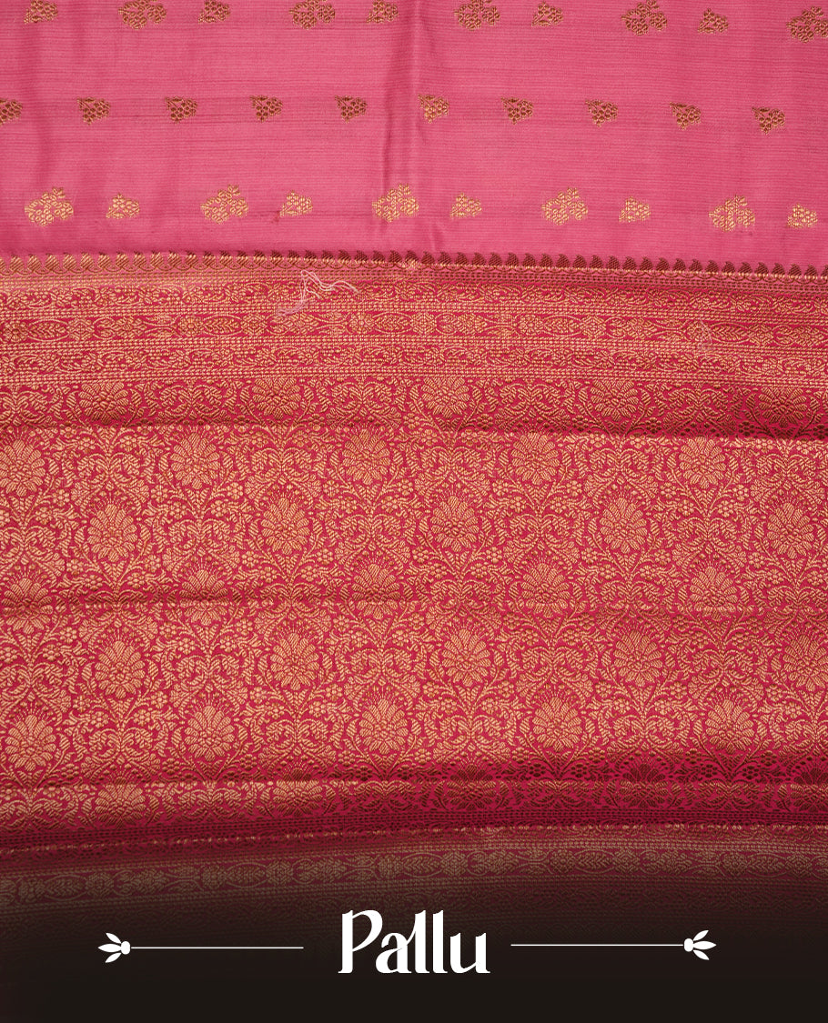 Pink colour Pure banaras soft silk saree featuring Antique zari motifs on body, contrast magenta colour border , traditional pallu and paired with matching blouse