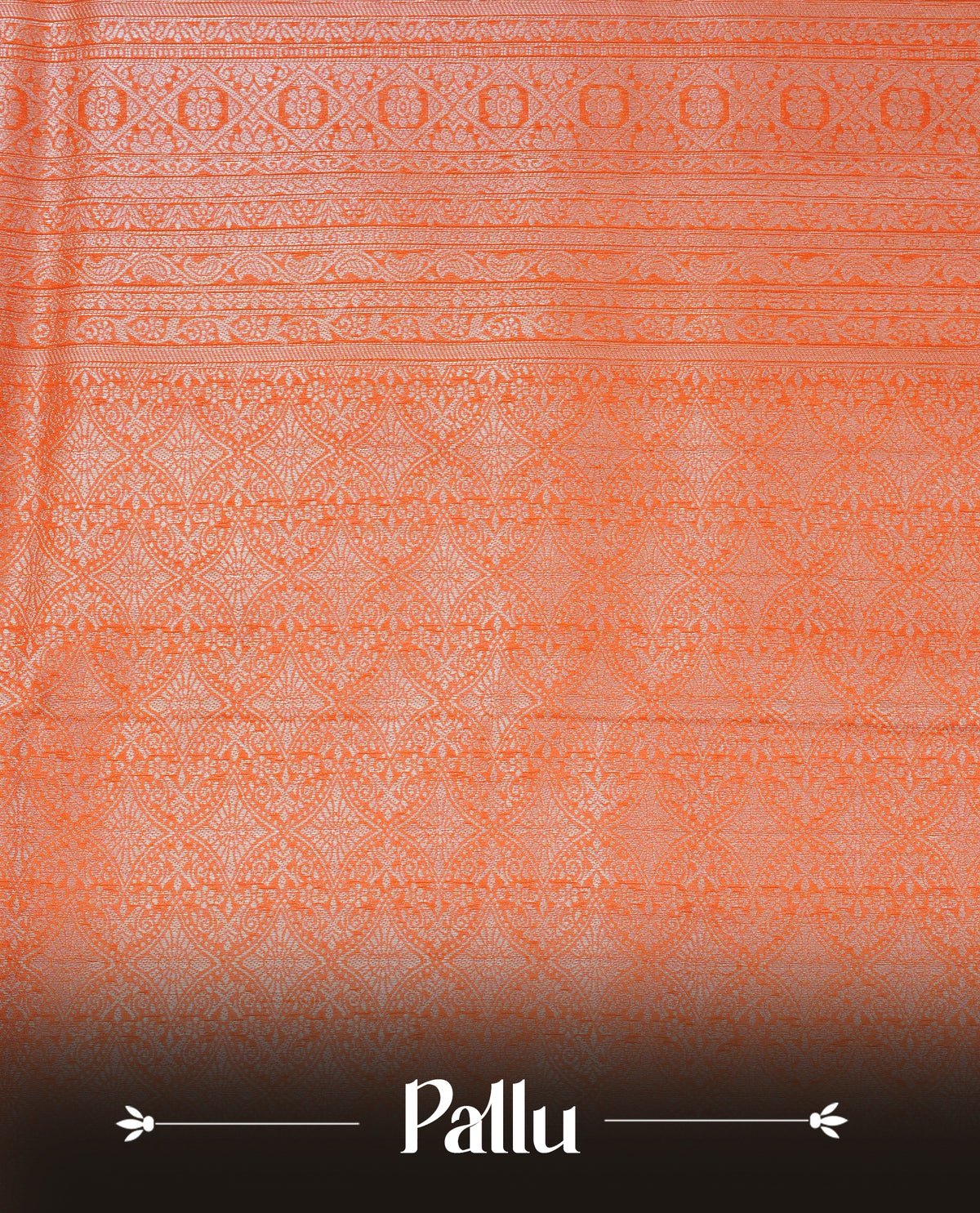 Orange colour softie silk saree featuring silver zari, rich pallu floral brocade body, with contrasting self colour border.paired with matching blouse piece.
