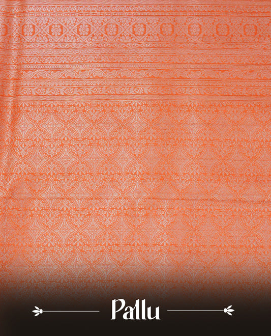 Orange colour softie silk saree featuring silver zari, rich pallu floral brocade body, with contrasting self colour border.paired with matching blouse piece.