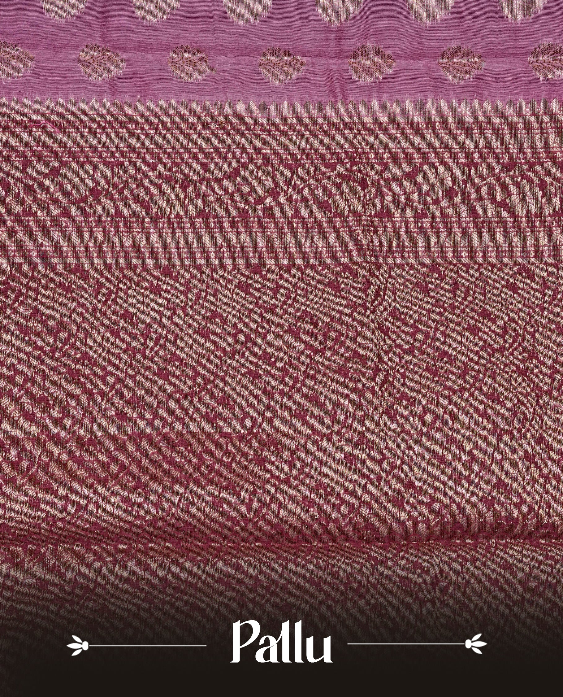 Onion Pink colour Tussar Silk saree featuring antique zari butta motifs on the body, complemented by a contrasting maroon floral zari border and pallu, paired with a matching blouse piece.