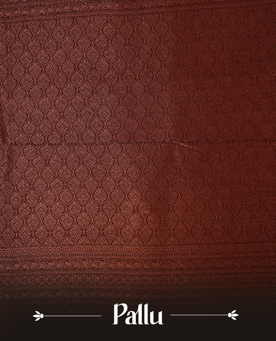 Rust orange colour softie silk saree featuring dot gold zari pattern across body, complemented by contrast chocolate brown with gold zari border, paired with matching blouse