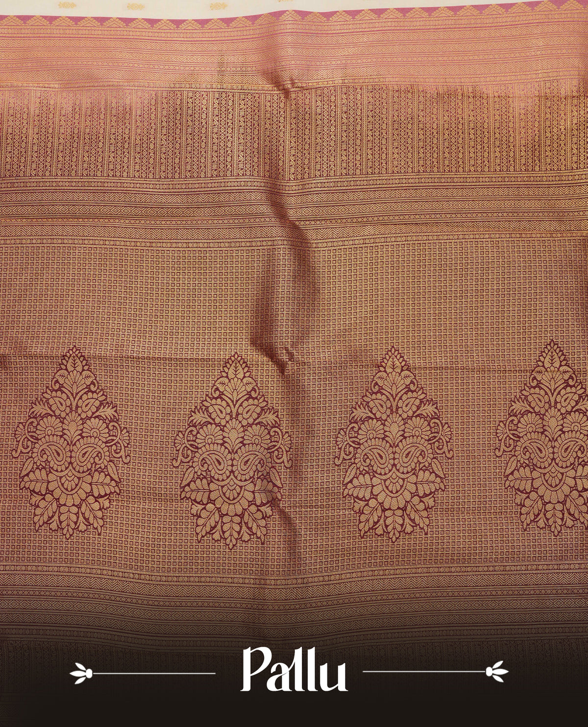 Cream colour soft silk saree featuring gold zari floral motifs & buttas on body, contrast brown colour gold zari traditional border, grand pallu comes with matching blouse piece.
