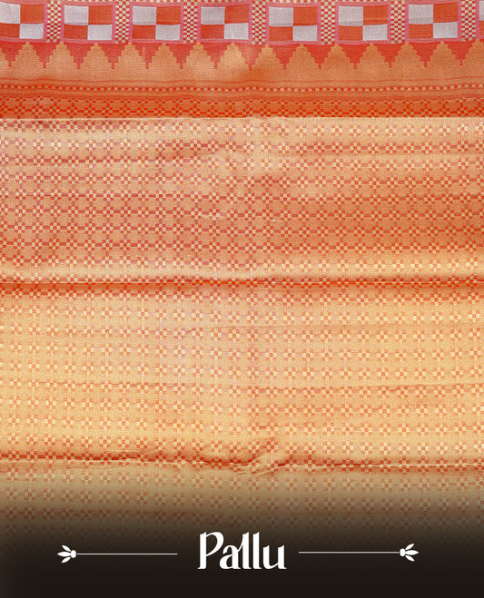 Red & Gold Double shade Semi Tissue Silk saree featuring Light gold & silver Box pattern on body, complemented by Contrast Red with gold zari border, paired with matching blouse piece.