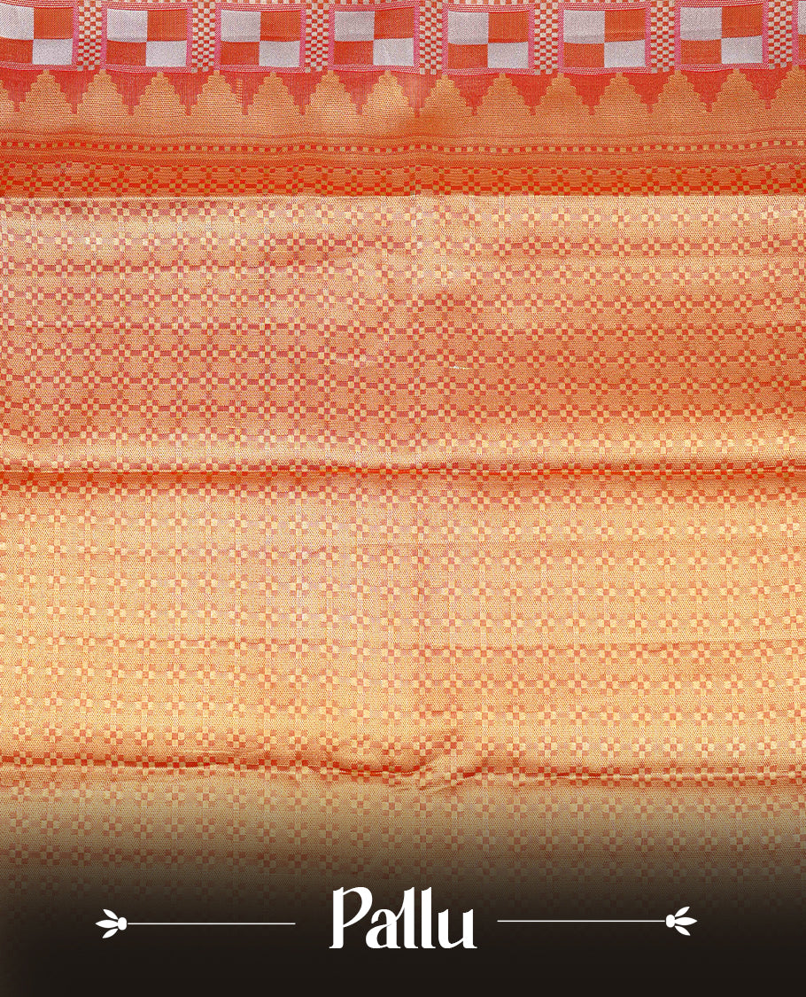 Red & Gold Double shade Semi Tissue Silk saree featuring Light gold & silver Box pattern on body, complemented by Contrast Red with gold zari border, paired with matching blouse piece.