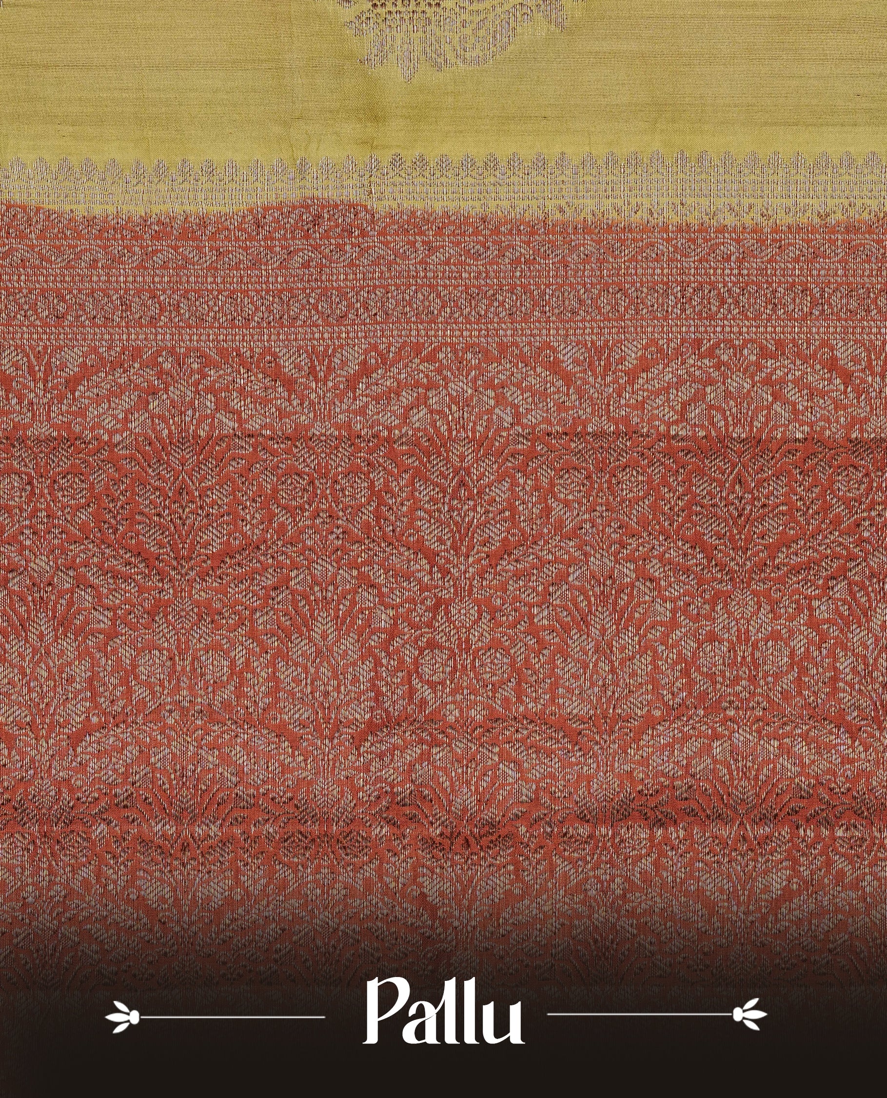 Mustard Colour Tussar Silk saree with elegant antique zari floral motifs On Body, a contrasting Brick red zari border, a rich zari pallu, Paired With a matching  blouse piece.