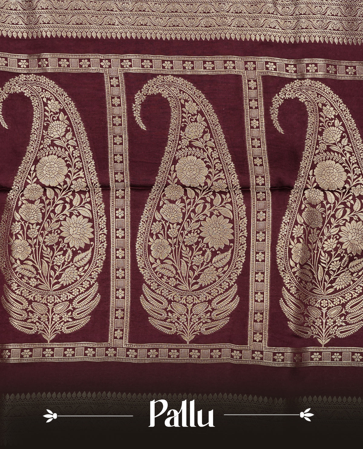 Maroon colour Banaras satin crepe silk saree featuring Plain body, associate with Gold zari traditional border, comes with matching blouse piece.