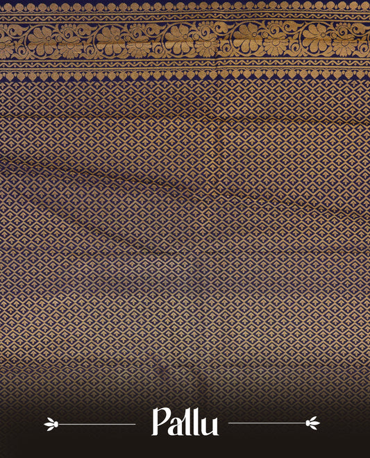 Mustard yellow colour silk saree featuring gold zari stipes on body, contrast navy blue with gold zari traditional border, contrast grand pallu comes with matching blouse piece .