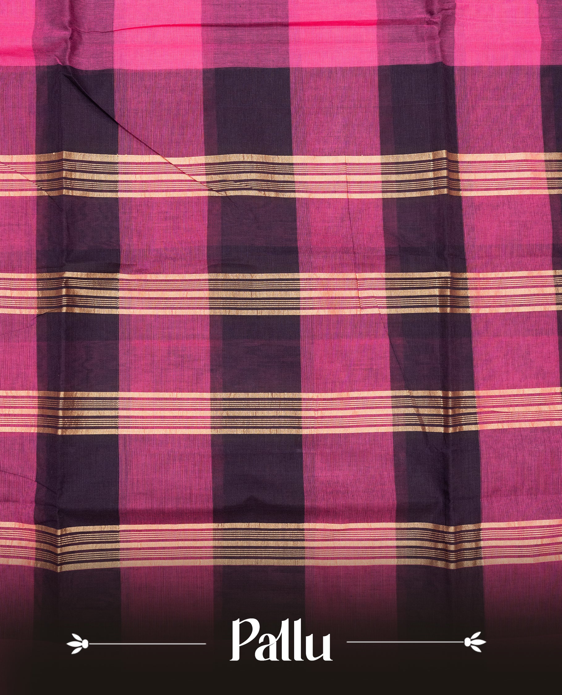 Magenta & Dark brown colour chettinad cotton saree featuring check pattern on body, complemented by Self Colour with gold zari border, comes with matching blouse piece.