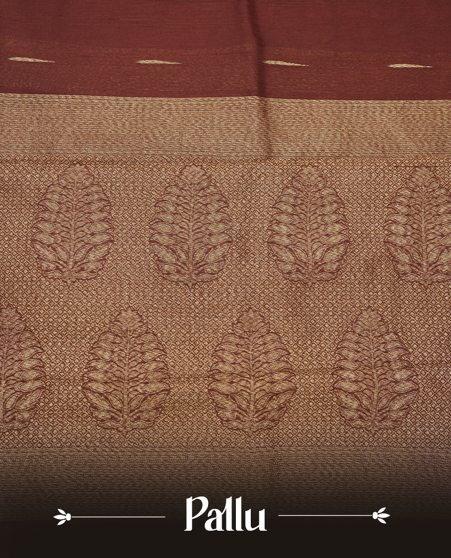 Chocolate Brown colour semi banaras tussar georgette saree featuring antique gold zari buttas on body, temple pattern on border and floral pattern on pallu, paired with matching blouse piece.