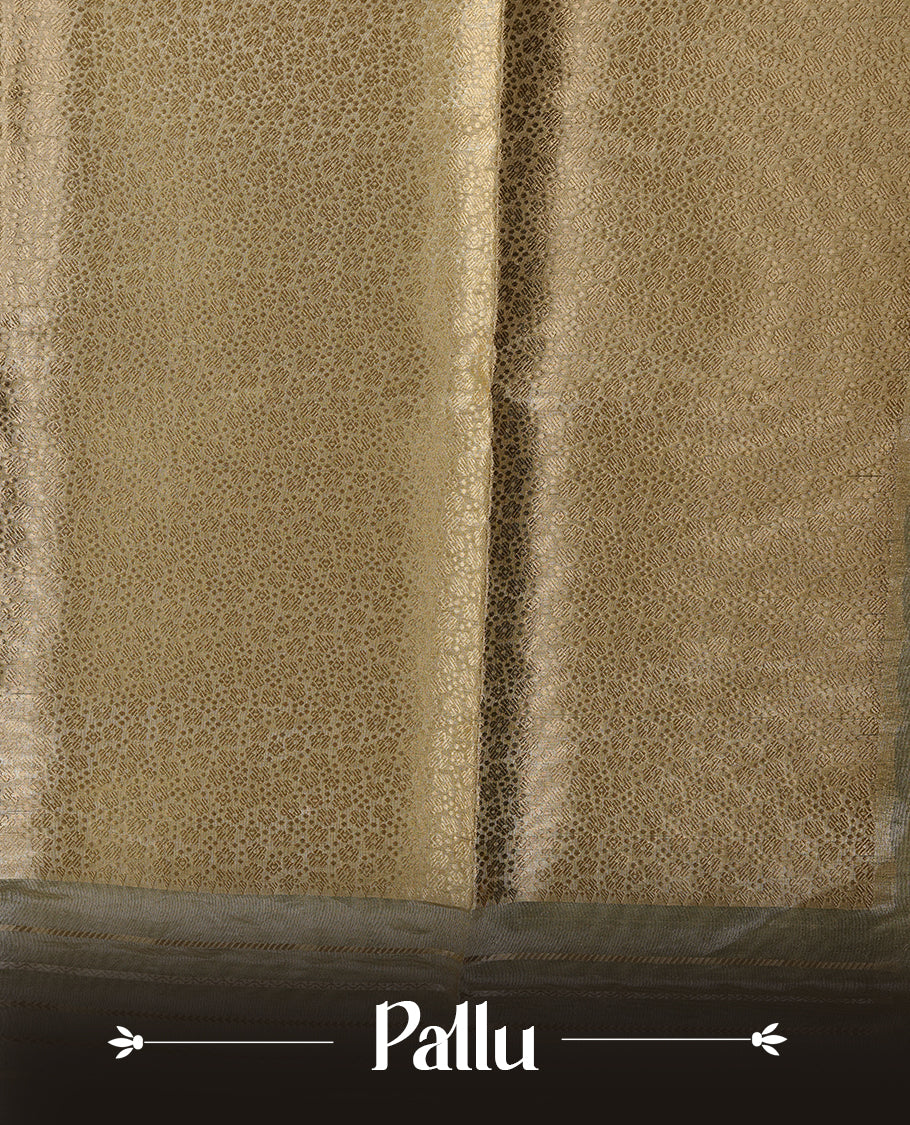 Yellow & gold double shade pure banaras tissue silk saree featuring gold zari floral & stripes on body, complemented by gold zari border, paired with matching blouse piece.