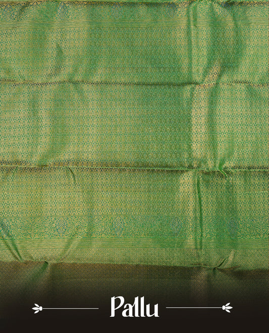 Green colour kancheepuram silk saree featuring gold zari floral kodi pattern on body, complemented by self colour with traditional border, paired with matching blouse piece.