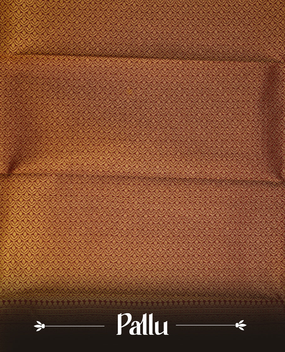 Mustard coloured soft silk saree featuring gold zari stripes and motifs across the body, enhanced with a contrast Maroon border and pallu, paired with a matching contrast blouse piece.