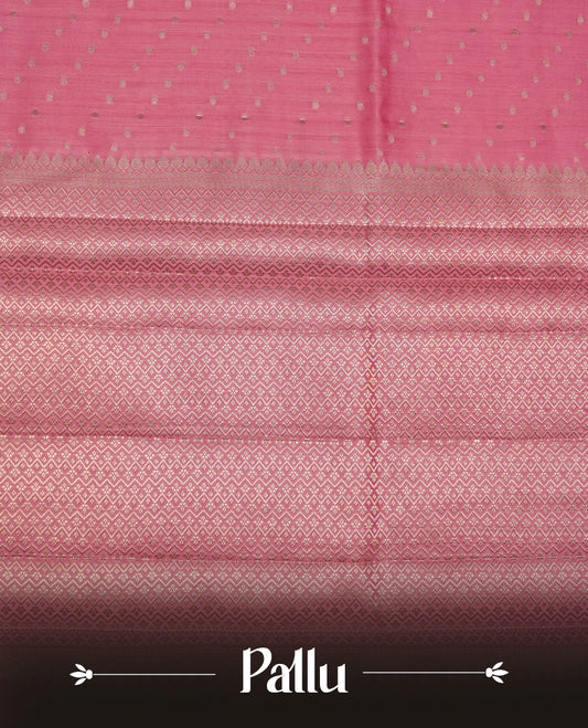Pastal Pink colour banaras soft silk saree featuring silver zari dotted stripes on body, self colour border with silver horse pattern, pallu and paired with matching blouse.