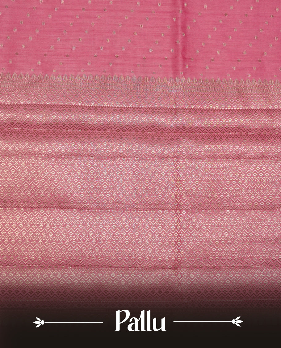 Pastal Pink colour banaras soft silk saree featuring silver zari dotted stripes on body, self colour border with silver horse pattern, pallu and paired with matching blouse.
