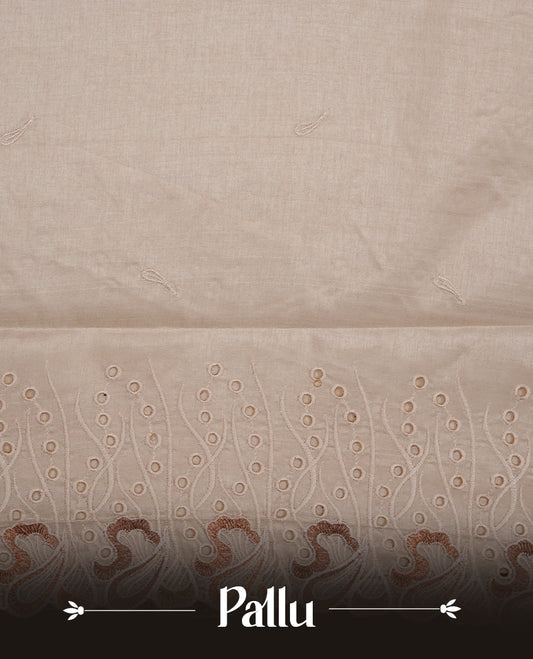 Beige colour Tussar silk saree featuring Elegant plain body, highlighting Brown colour thread worked scalp border, pallu and paired with matching blouse piece.