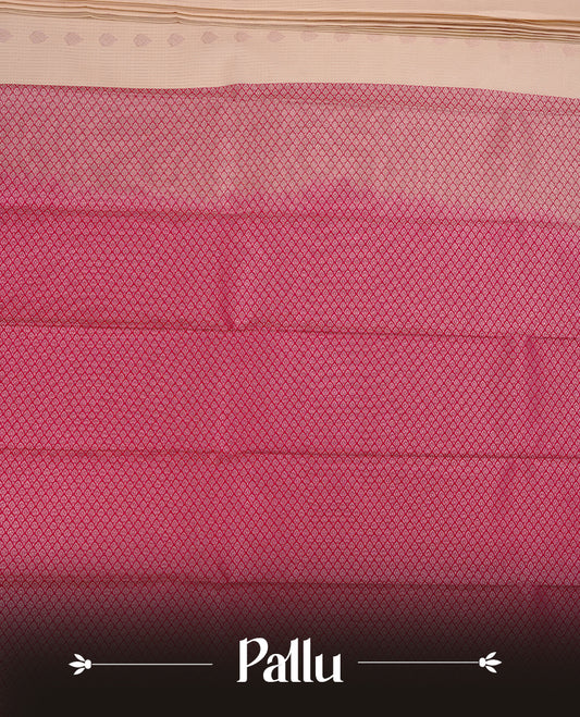 Cream coloured soft silk saree featuring gold zari stripes and motifs across the body, enhanced with a contrast Magenta border and pallu, paired with a matching contrast blouse piece.