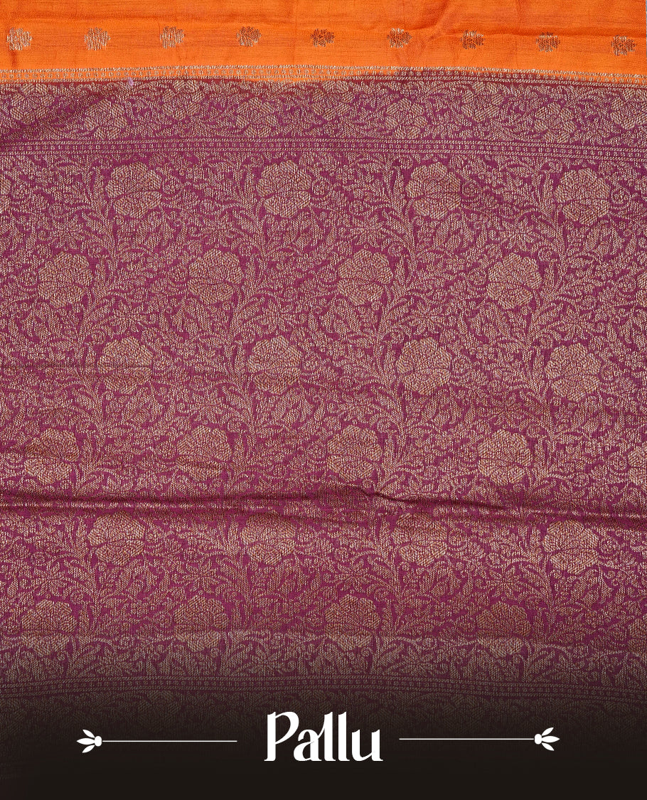 Radiant orange Colour Tussar silk saree with antique zari buttas On Body, a rich Wine floral zari border, an elegant floral zari pallu, Paired With a matching blouse piece.