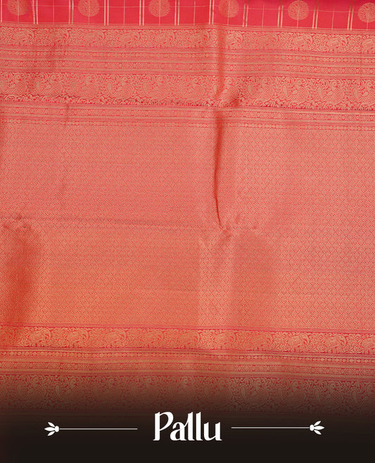Brick red colour traditional kancheepuram silk saree featuring gold zari check pattern on body, complemented by self colour with gold zari traditional border, paired with matching blouse piece.