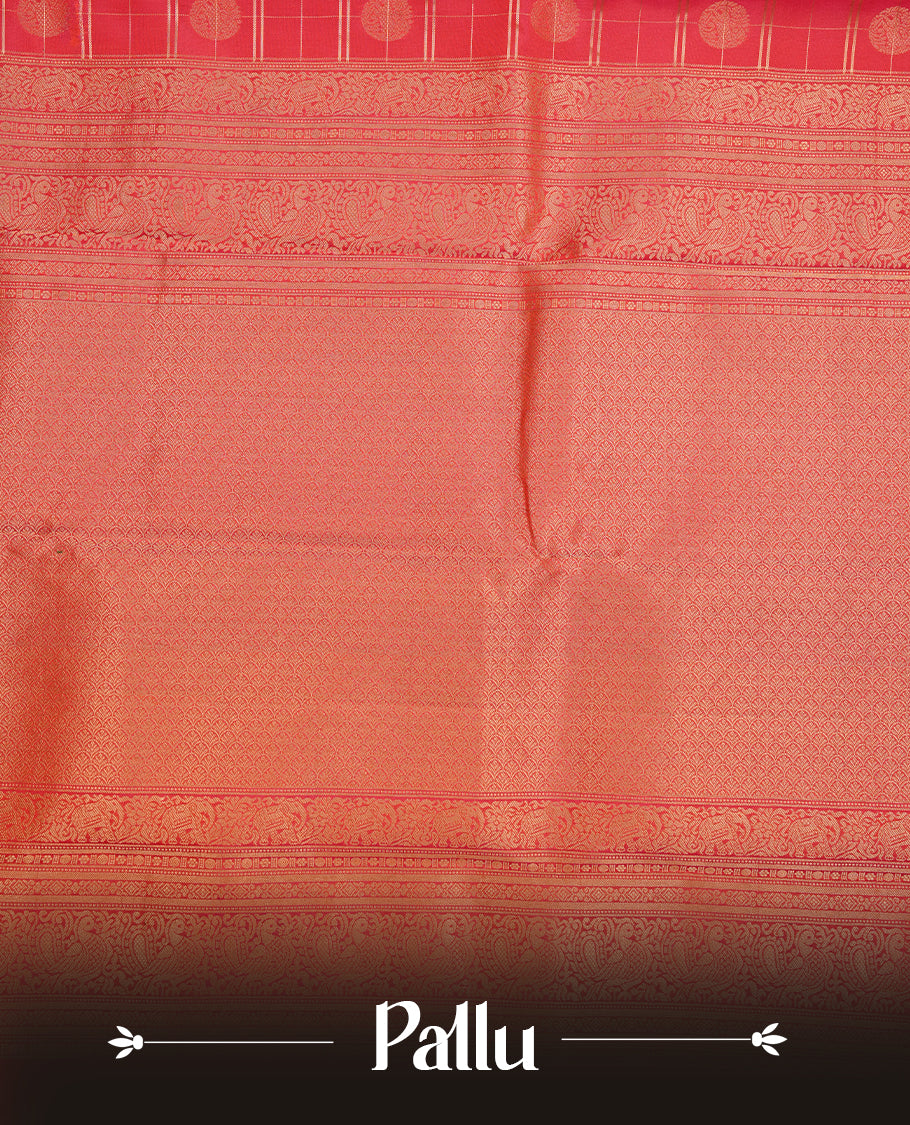 Brick red colour traditional kancheepuram silk saree featuring gold zari check pattern on body, complemented by self colour with gold zari traditional border, paired with matching blouse piece.