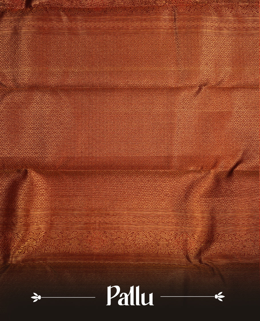 Chocolate colour kancheepuram silk saree featuring gold zari floral kodi pattern on body, complemented by self colour with traditional border, paired with matching blouse piece.