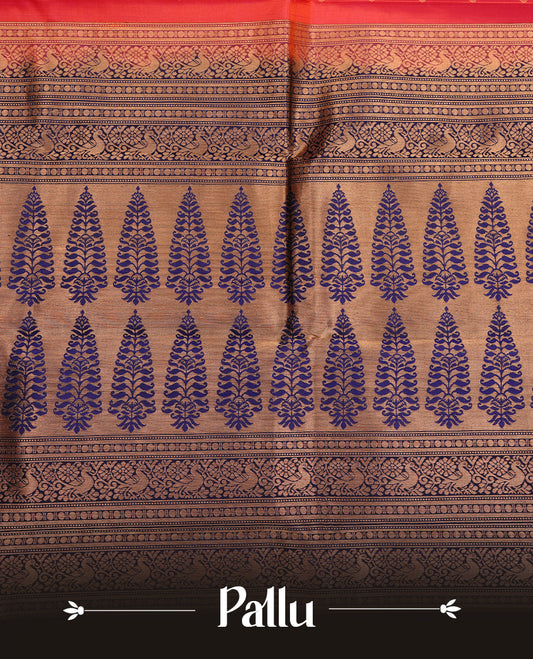 Reddish orange colour traditional kancheepuram silk saree featuring gold zari check pattern on body, complemented by contrast multicolour with gold zari traditional border, paired with matching blouse piece.
