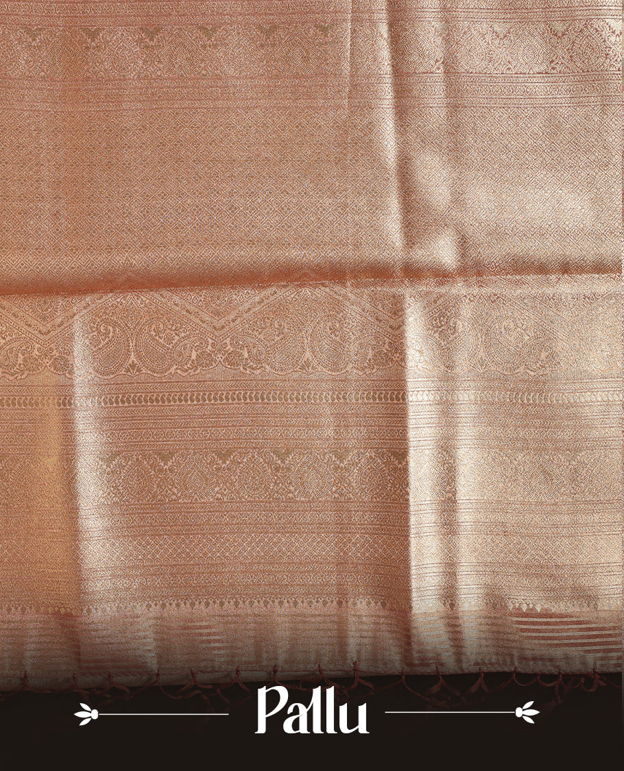 Brown, light brown , gold triple shade colour semi Tissue silk saree featuring gold zari motifs on body, complemented by gold zari traditional border, paired with matching blouse piece.