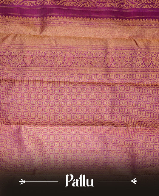 Purple colour kancheepuram silk saree featuring gold zari pattern across body, complemented by selfcolour border traditional zari border, paired with matching blouse piece.