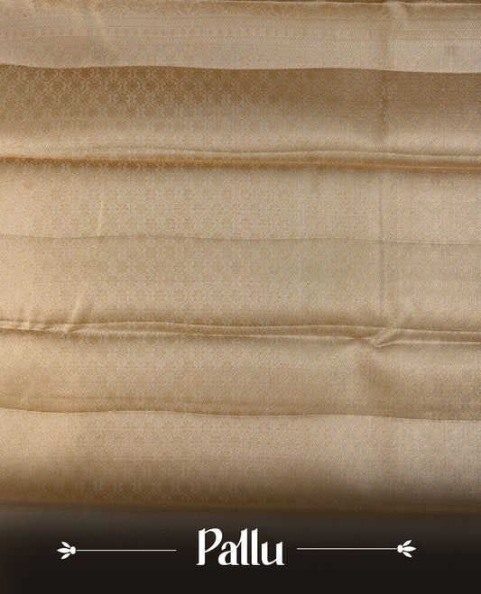 Light Gold colour semi tissue silk saree featuring silver zari pattern on body, contrast gold colour with gold zari traditional border, paired with matching blouse piece.