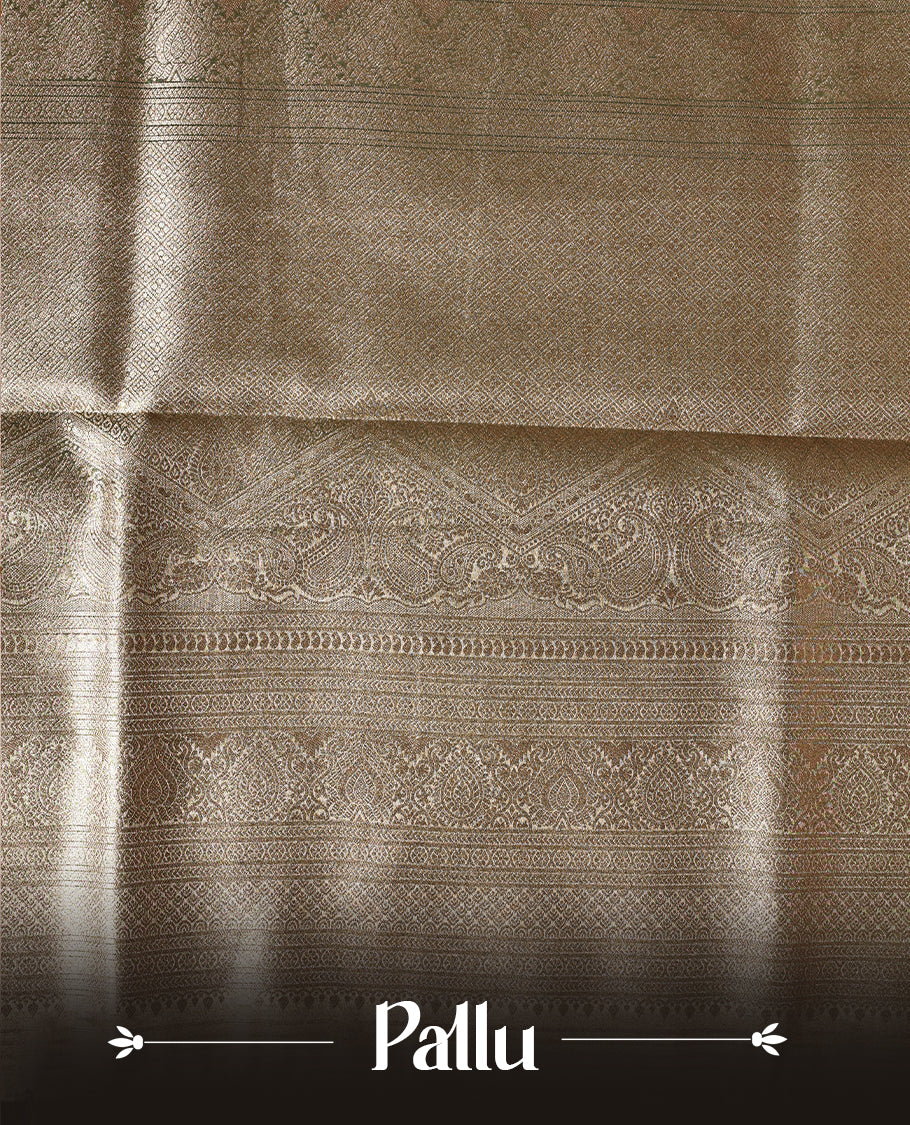 Green, light green, gold triple shade colour semi Tissue silk saree featuring gold zari motifs on body, complemented by gold zari traditional border, paired with matching blouse piece.