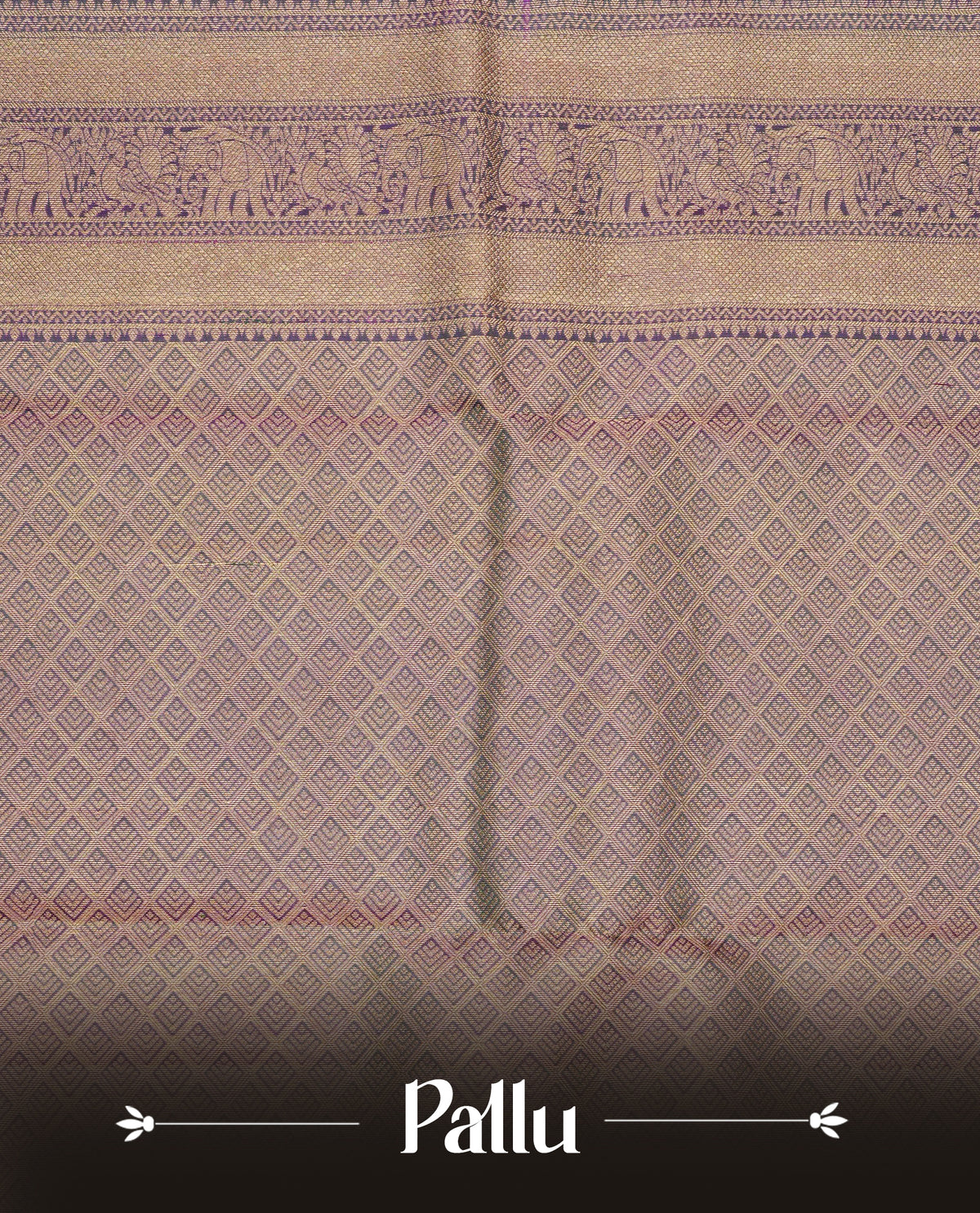 Royal Purple colour Kancheepuram Silk Saree with Gold Zari Checks on body, Contrast Green colour with Gold Zari Border & Rich Woven Pallu, Paired with a matching blouse piece