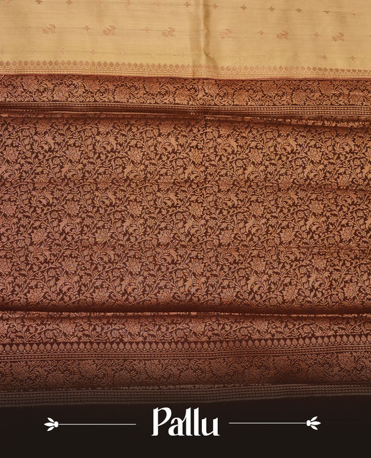 Dark Beige colour Pure banaras soft silk saree featuring Antique zari motifs on body, contrast Chocolate colour border , traditional pallu and paired with matching blouse