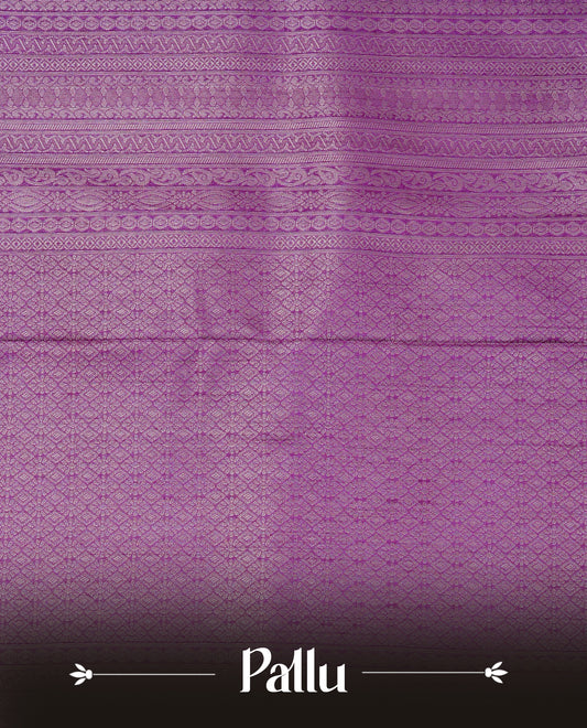 Purple colour softie silk saree featuring silver zari, rich pallu brocade body, with contrasting self colour border.paired with matching blouse piece.