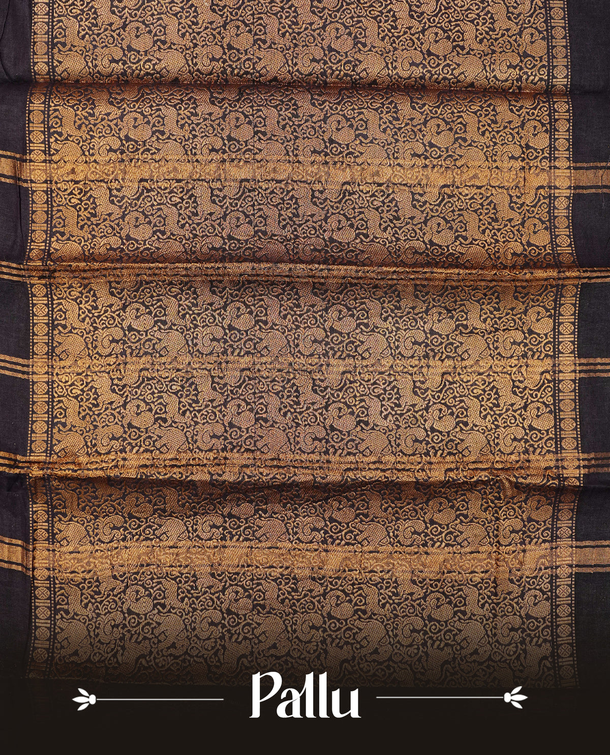 Chococate Brown Colour Sungudi Cotton Saree with gold zari elephant & Peacock motifs on the body, a self zari border, and a rich gold zari pallu. Paired with a Contrast coffee brown colour blouse piece.