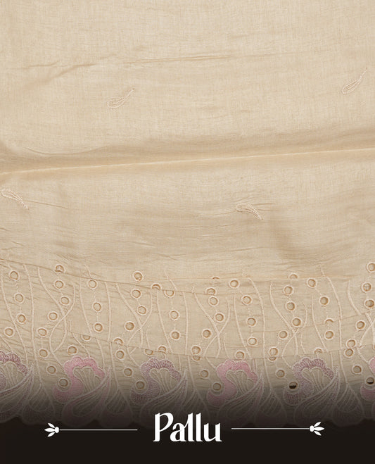 Beige colour Tussar silk saree featuring Elegant plain body, highlighting pink colour thread worked scalp border, pallu and paired with matching blouse piece.