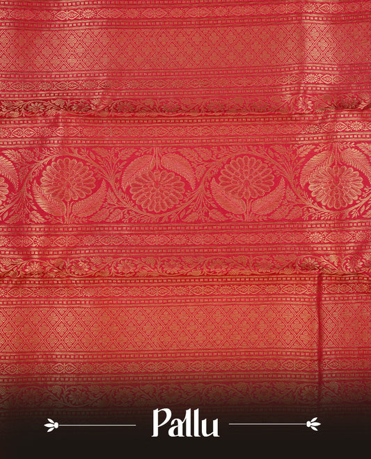 Rani pink colour kancheepuram silk saree featuring gold zari floral kodi pattern on body, complemented by self colour with traditional border, paired with matching blouse piece.