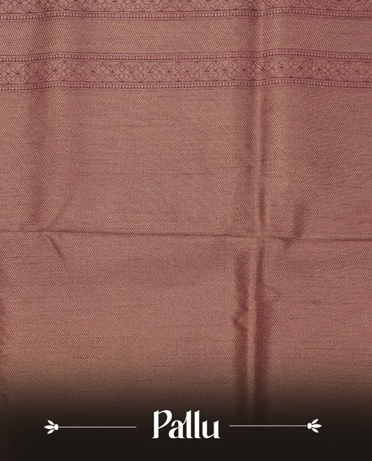 Muted brown colour softie silk saree featuring gold zari floral pattern brocade body, with contrasting chocolate colour border.paired with matching blouse piece.