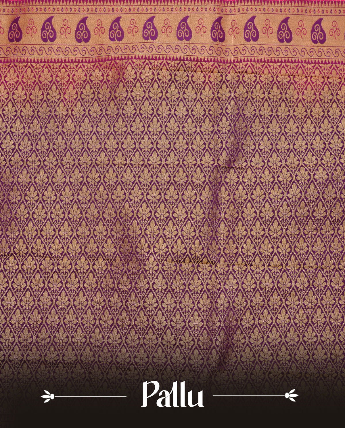 Rani pink colour soft silk saree featuring gold zari checks with buttas on body, contrast dark purple colour gold zari traditional border, grand pallu comes with matching blouse piece.