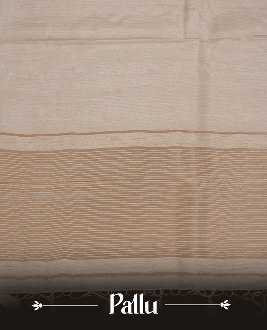 Beige colour Tussar silk saree featuring Elegant plain body, highlighting Lavender colour Leaf cut work with Light gold zari border, pallu and paired with matching blouse piece.